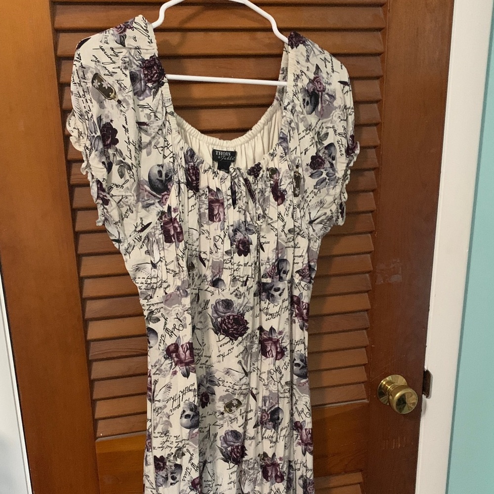 Halloween Skull & Floral Print Dress with Purple and Cream Tones